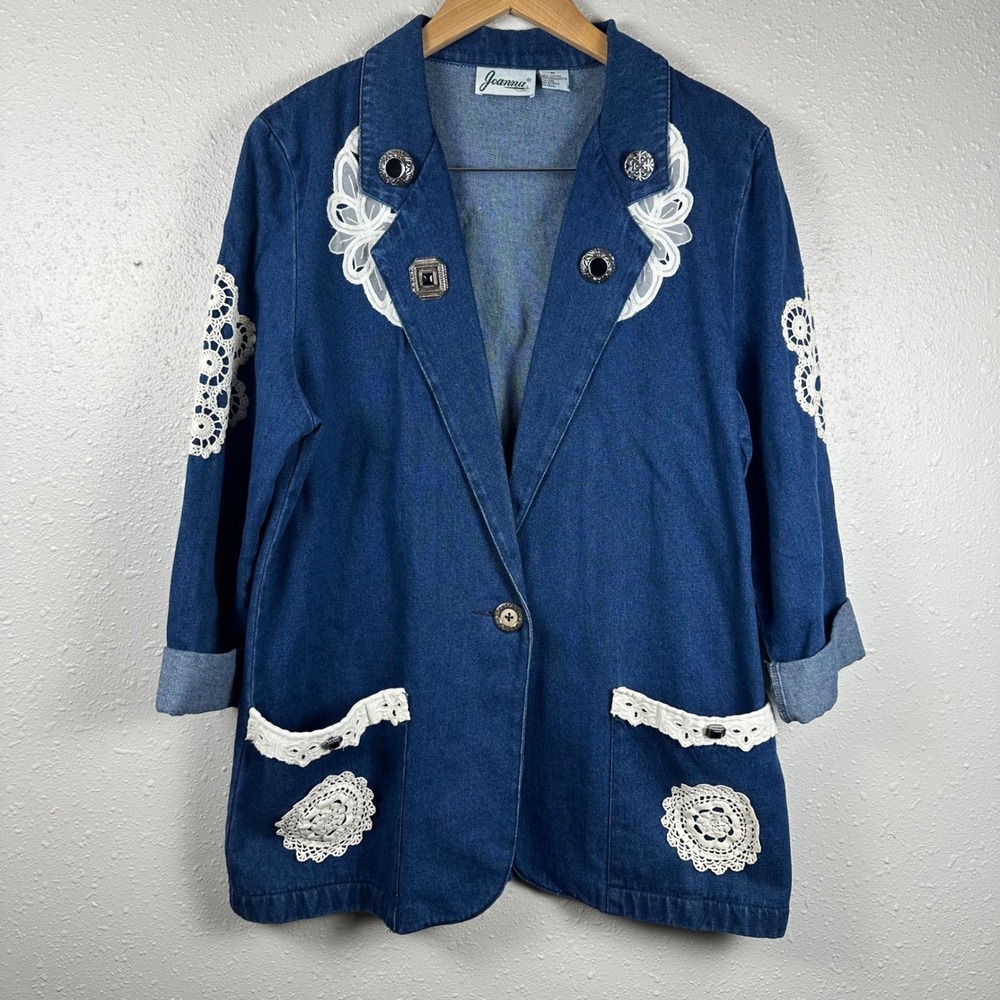 Joanna Size M/L Denim Jean Blazer Jacket 100% Cotton Floral Patch Lagenlook Boho